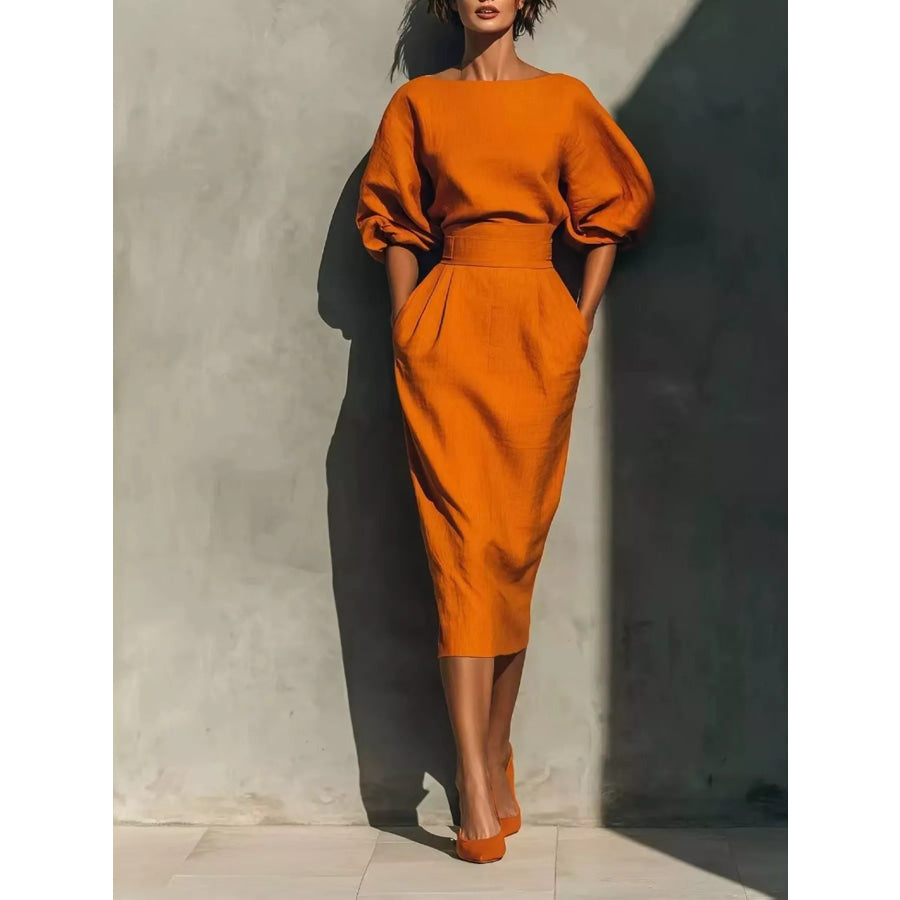Full Size Round Neck Puff Sleeve Midi Dress Plus Size Orange / S Apparel and Accessories