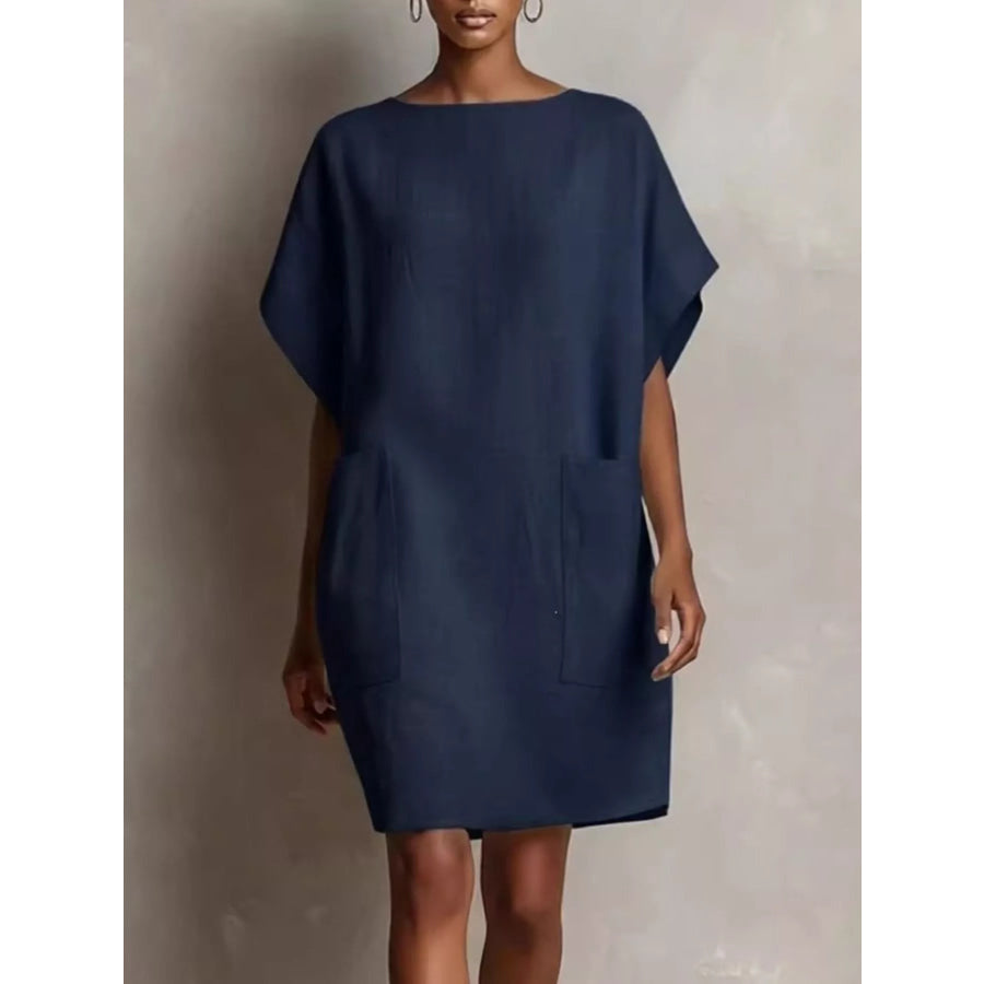 Full Size Round Neck Shift Dress with Pockets Plus Navy Blue / S Apparel and Accessories