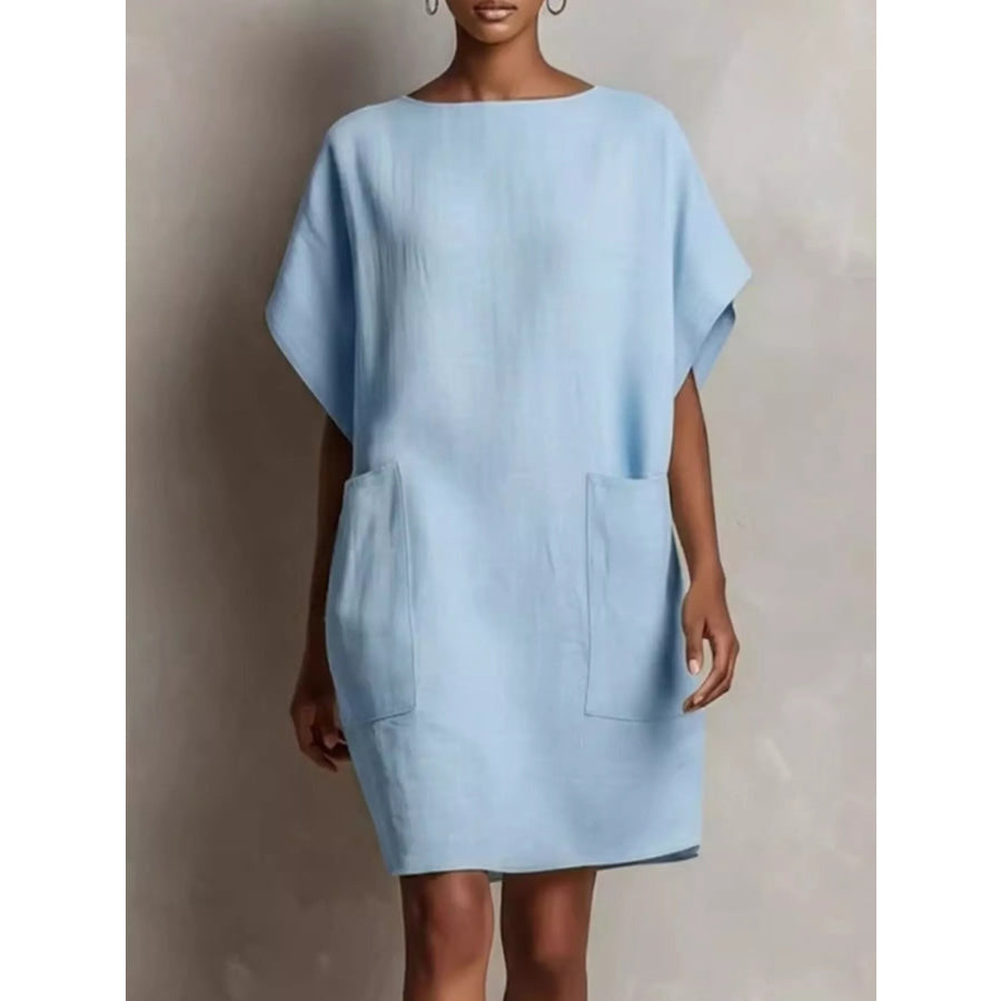Full Size Round Neck Shift Dress with Pockets Plus Sky Blue / S Apparel and Accessories
