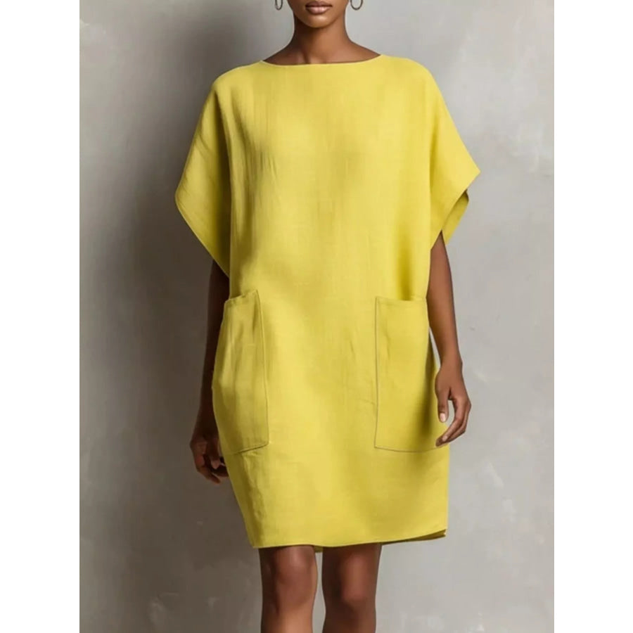 Full Size Round Neck Shift Dress with Pockets Plus Yellow / S Apparel and Accessories