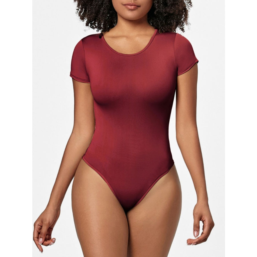 Full Size Round Neck Short Sleeve Bodysuit Burgundy / S Apparel and Accessories