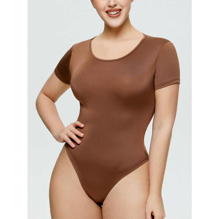 Full Size Round Neck Short Sleeve Bodysuit Coffee Brown / S Apparel and Accessories