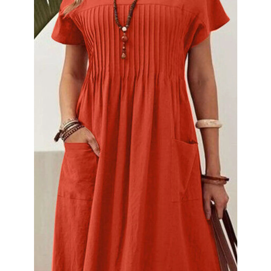 Full Size Round Neck Short Sleeve Midi Dress Plus Size Red / S Apparel and Accessories