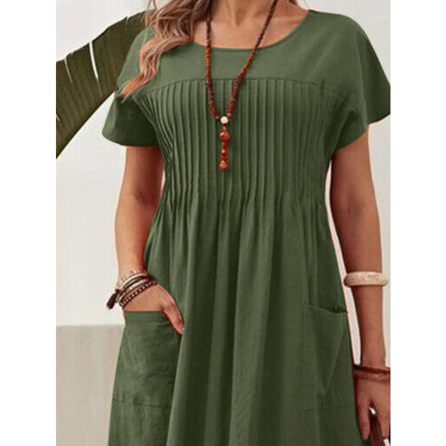 Full Size Round Neck Short Sleeve Midi Dress Plus Size Apparel and Accessories