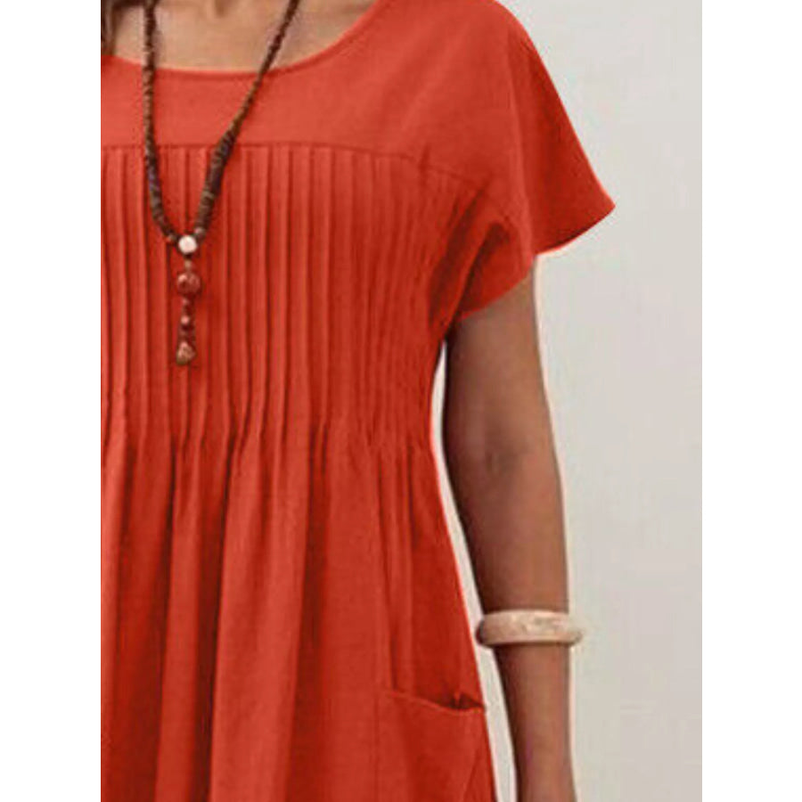 Full Size Round Neck Short Sleeve Midi Dress Plus Size Apparel and Accessories