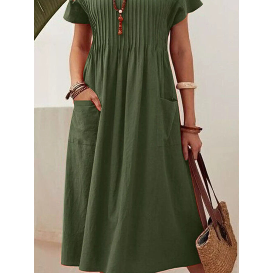 Full Size Round Neck Short Sleeve Midi Dress Plus Size Apparel and Accessories