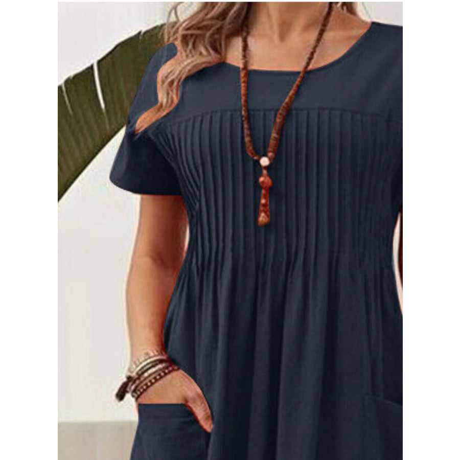 Full Size Round Neck Short Sleeve Midi Dress Plus Size Apparel and Accessories