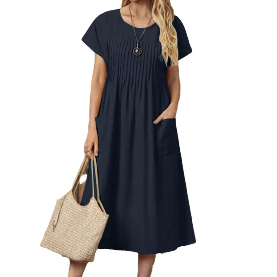 Full Size Round Neck Short Sleeve Midi Dress Plus Size Apparel and Accessories