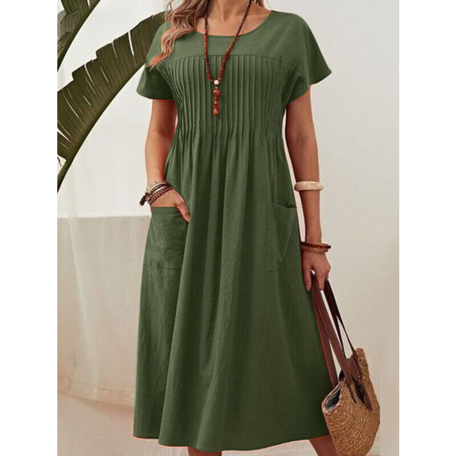 Full Size Round Neck Short Sleeve Midi Dress Plus Size Army Green / S Apparel and Accessories