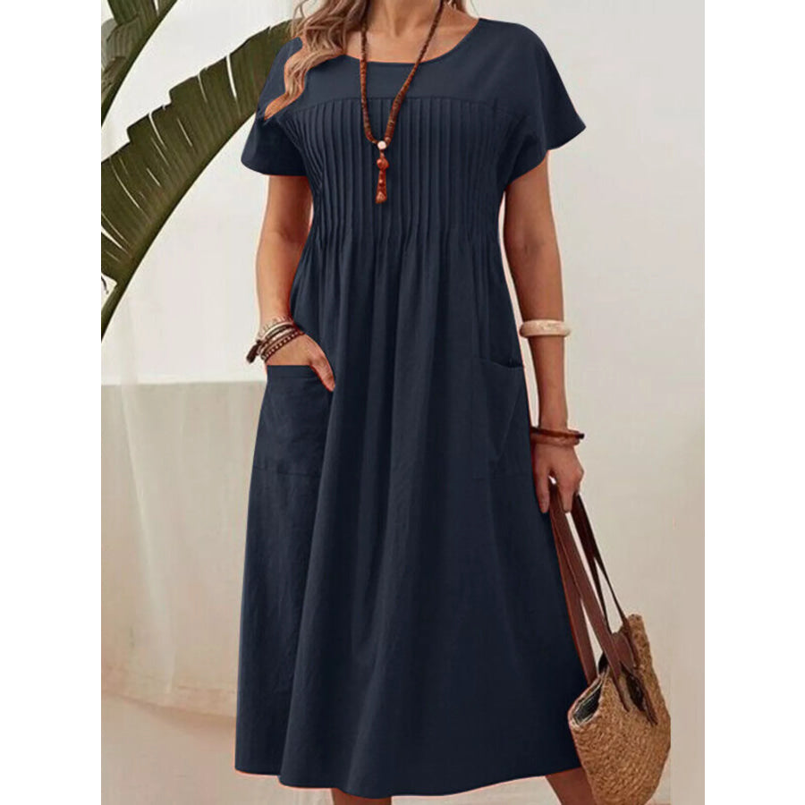 Full Size Round Neck Short Sleeve Midi Dress Plus Size Navy Blue / S Apparel and Accessories