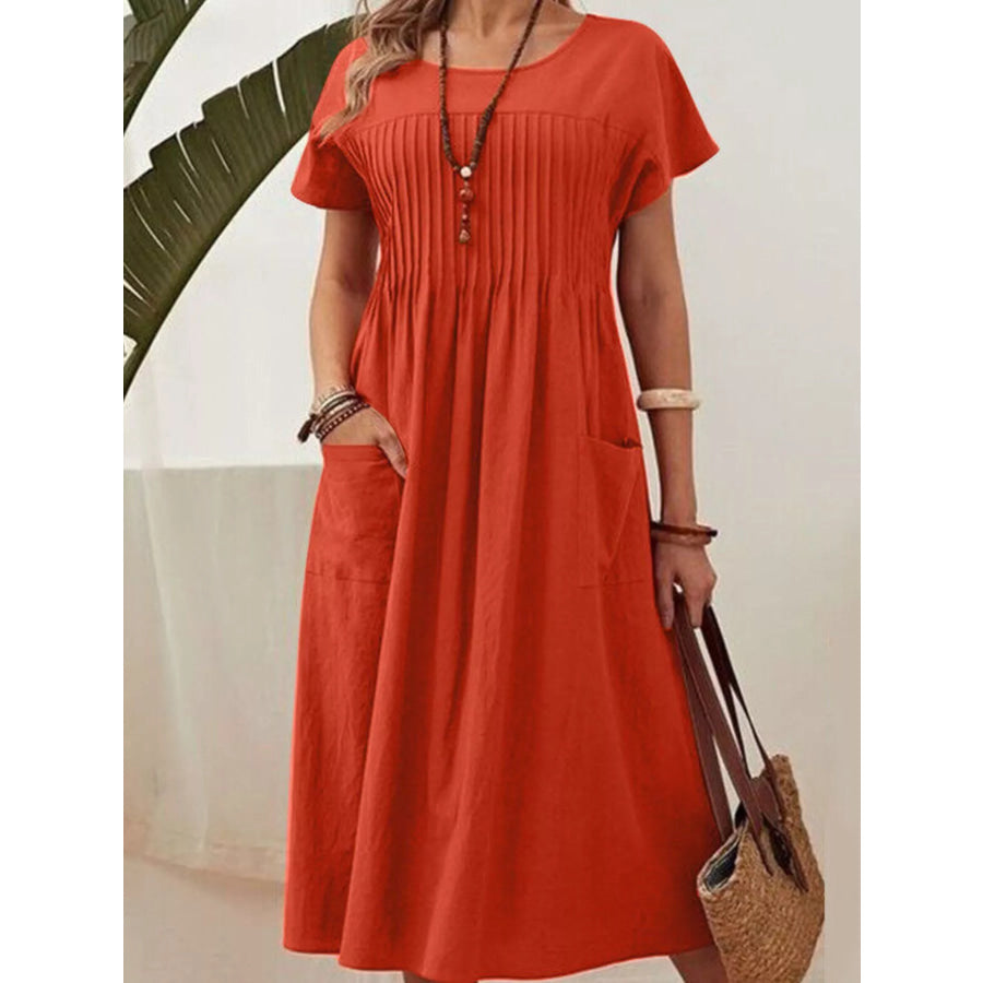 Full Size Round Neck Short Sleeve Midi Dress Plus Size Red / S Apparel and Accessories