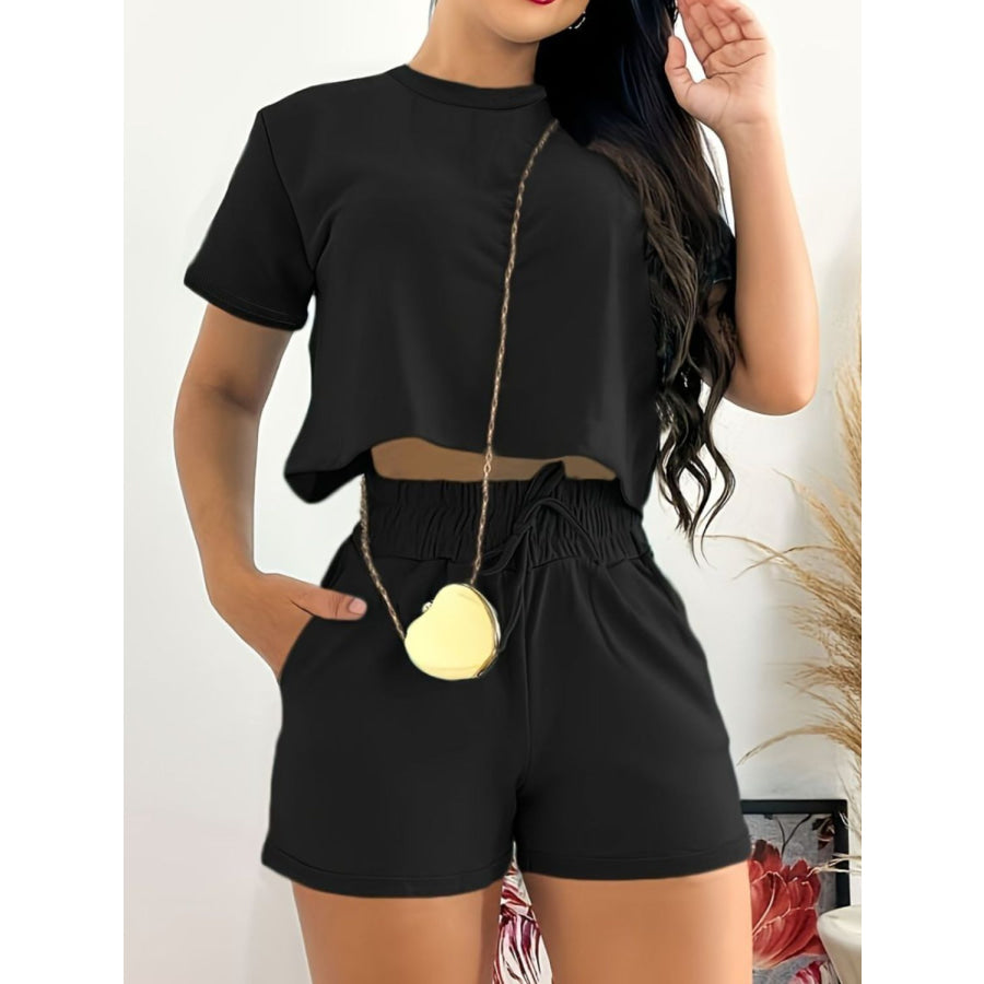 Full Size Round Neck Short Sleeve Top and Shorts Set Black / S Apparel and Accessories