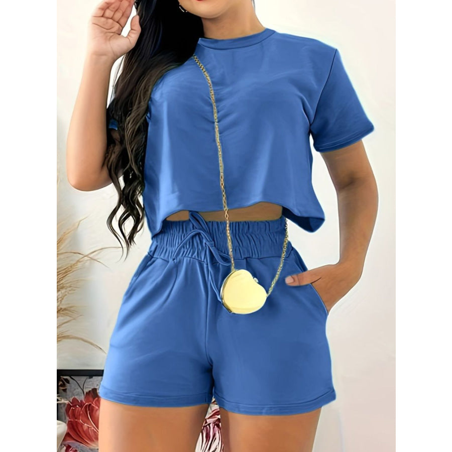 Full Size Round Neck Short Sleeve Top and Shorts Set Blue / S Apparel and Accessories