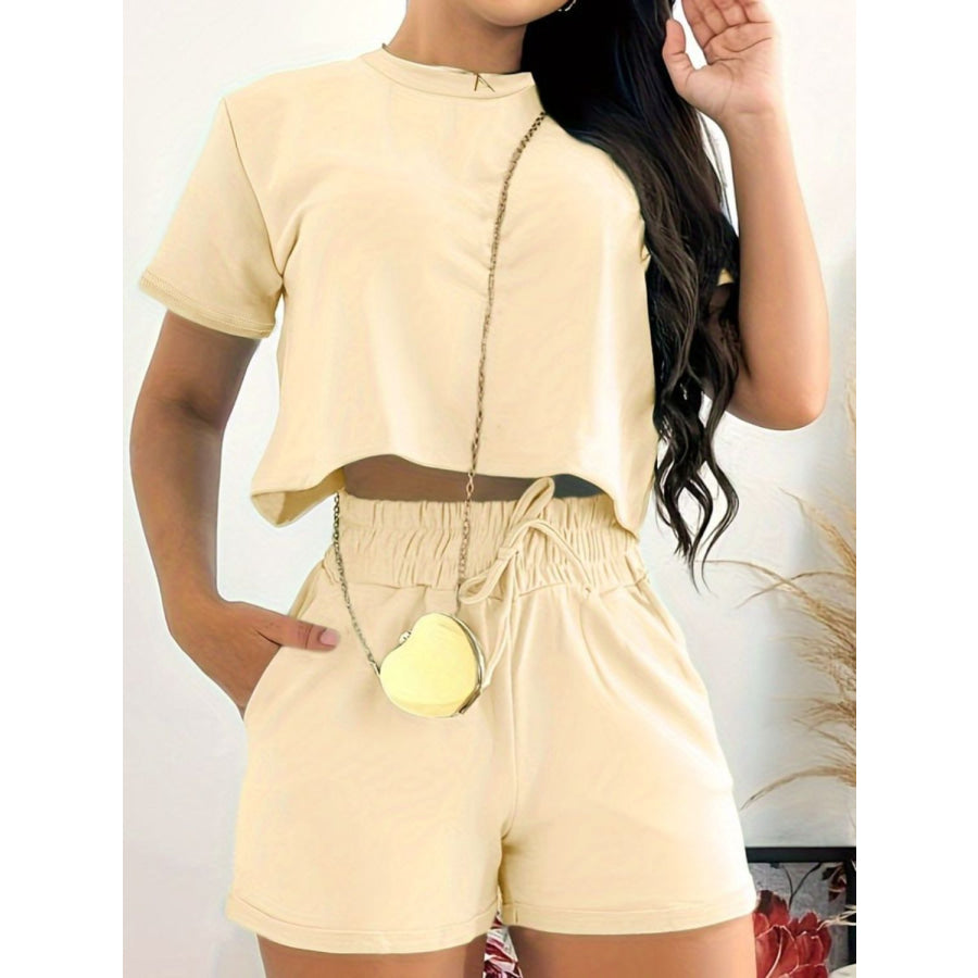 Full Size Round Neck Short Sleeve Top and Shorts Set Tan / S Apparel and Accessories