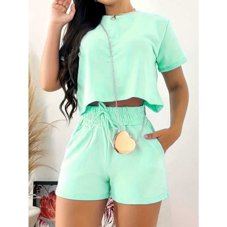 Full Size Round Neck Short Sleeve Top and Shorts Set Tiffany Blue / S Apparel and Accessories