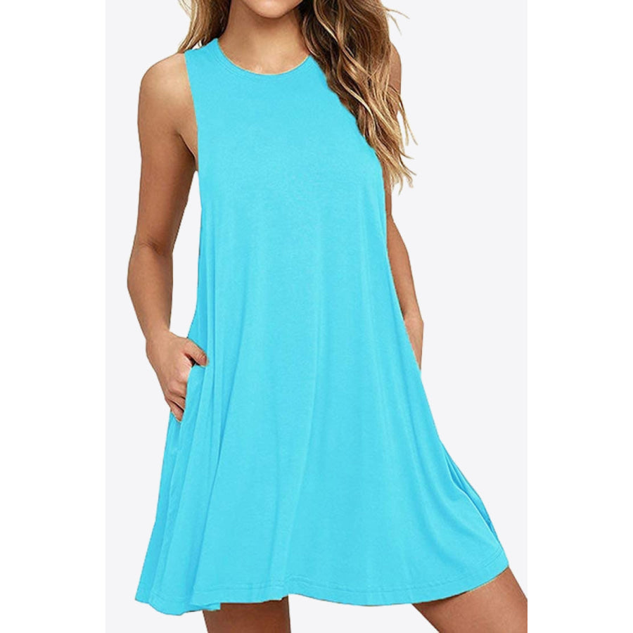 Full Size Round Neck Sleeveless Dress with Pockets Aqua / S