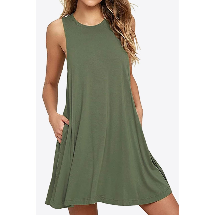 Full Size Round Neck Sleeveless Dress with Pockets Army Green / S