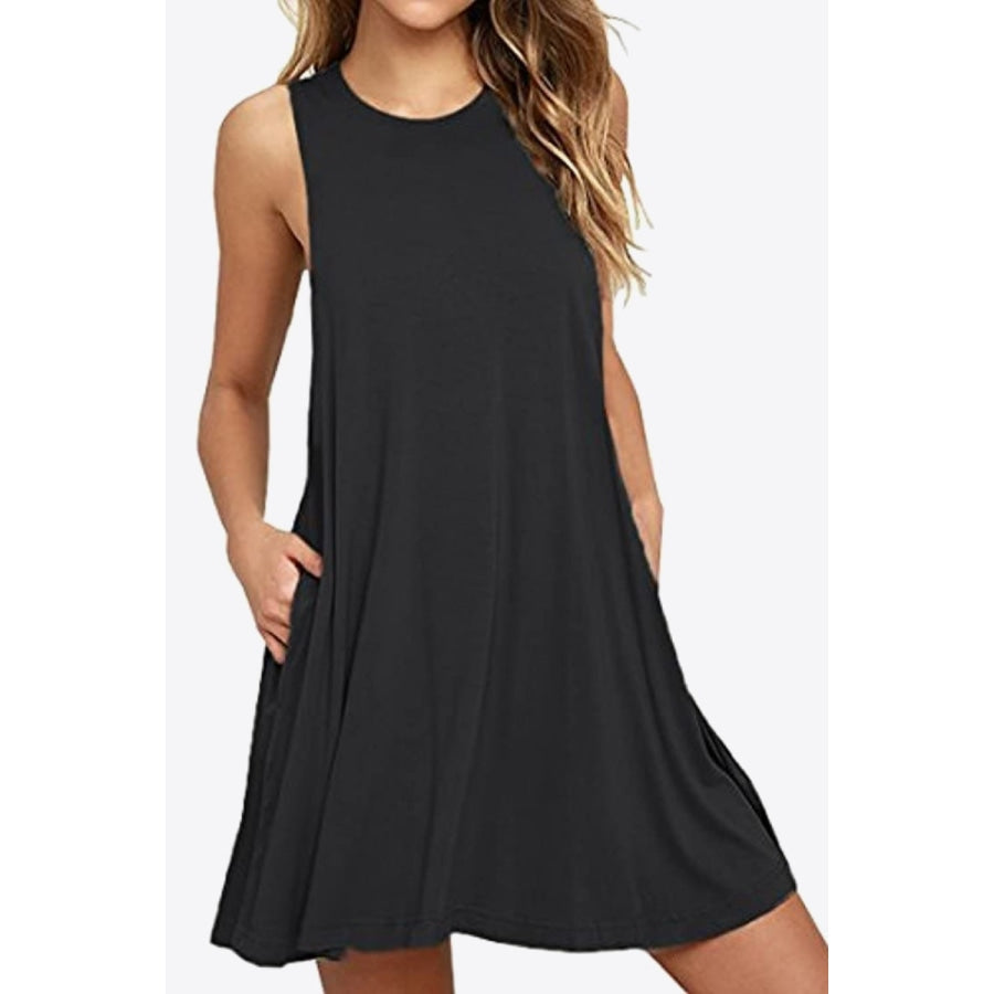 Full Size Round Neck Sleeveless Dress with Pockets Black / S