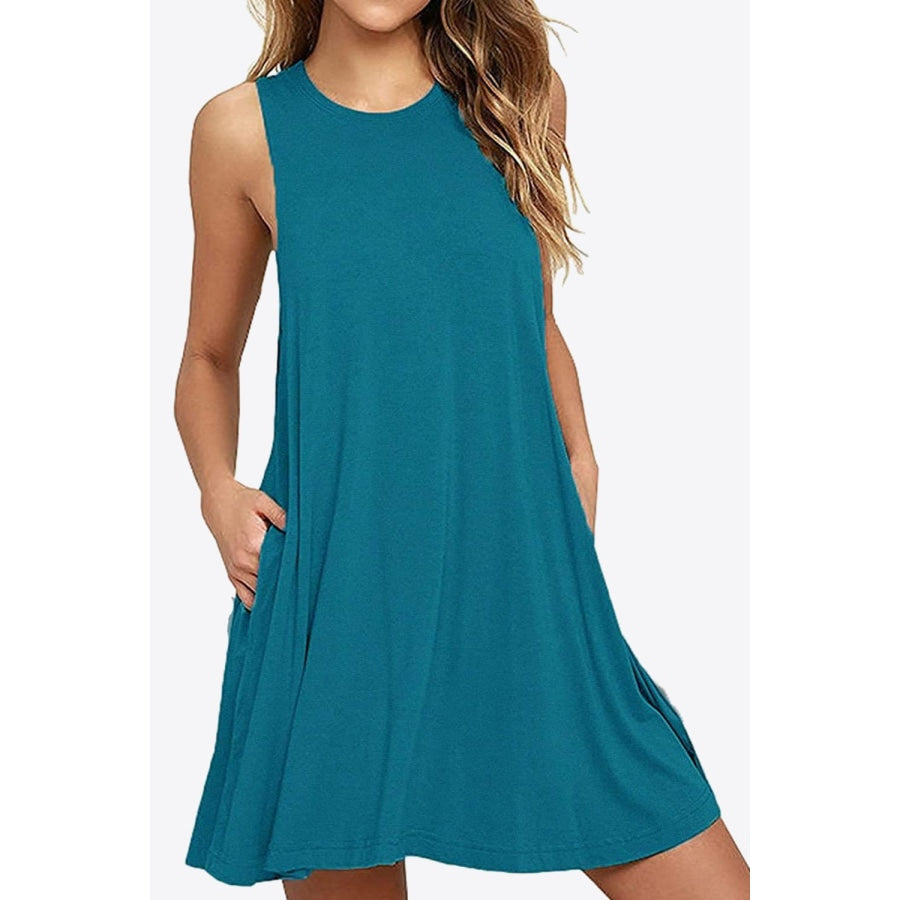 Full Size Round Neck Sleeveless Dress with Pockets Turquoise / S