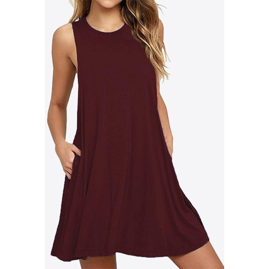 Full Size Round Neck Sleeveless Dress with Pockets Wine / S