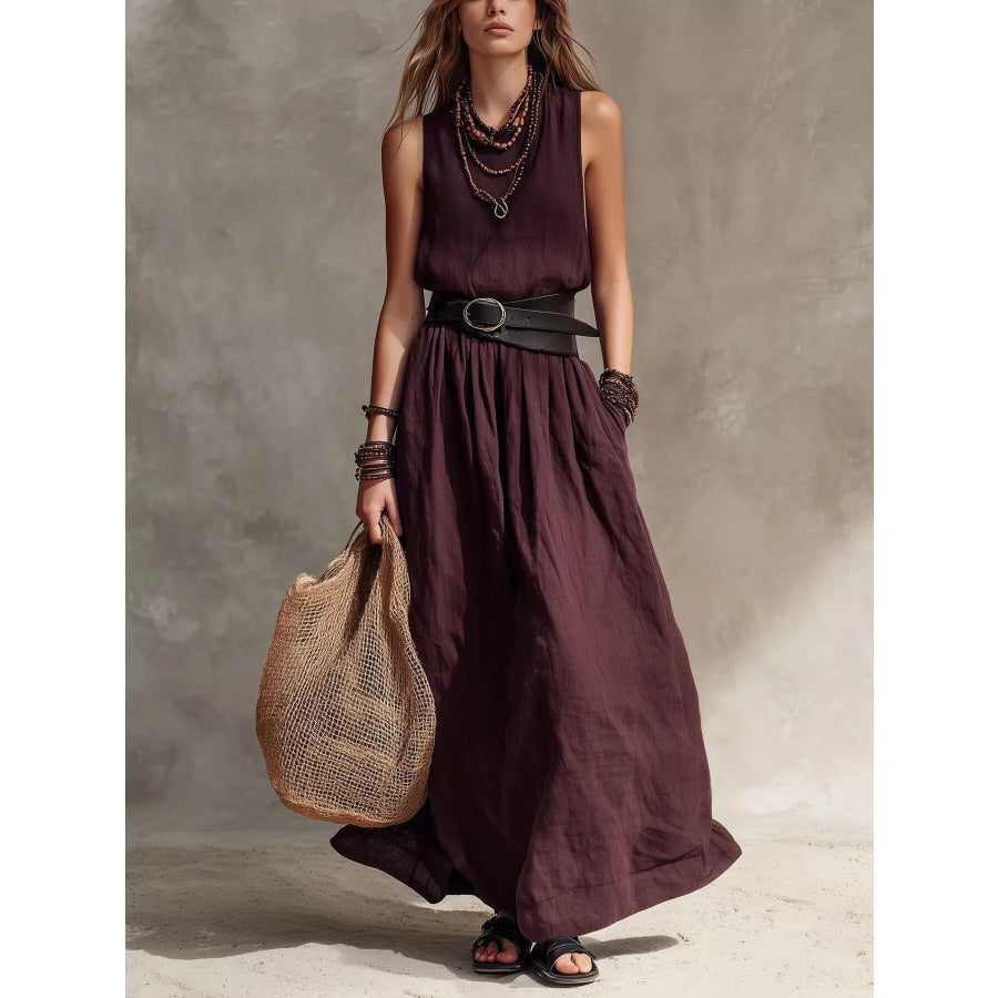 Full Size Round Neck Sleeveless Maxi Dress Plus Size Rust / S Apparel and Accessories