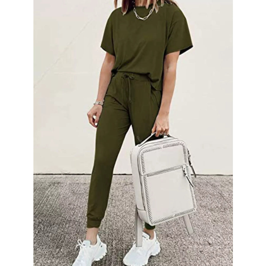 Full Size Round Neck Top and Drawstring Pants Set Plus Size Apparel and Accessories