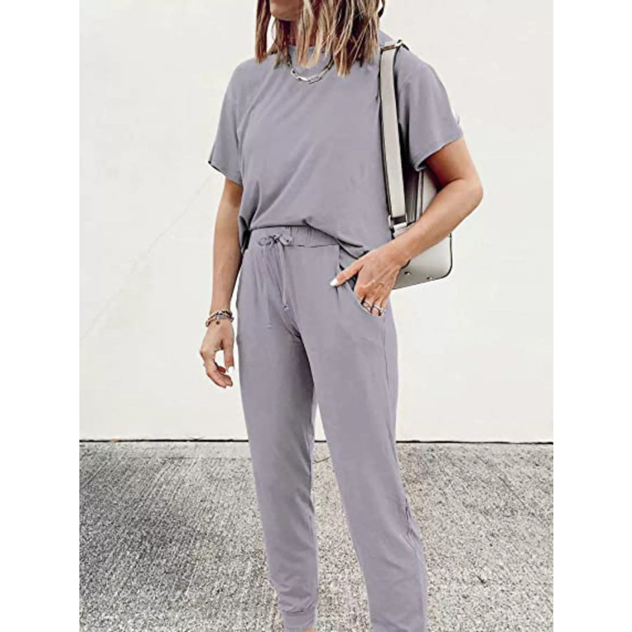 Full Size Round Neck Top and Drawstring Pants Set Plus Size Apparel and Accessories
