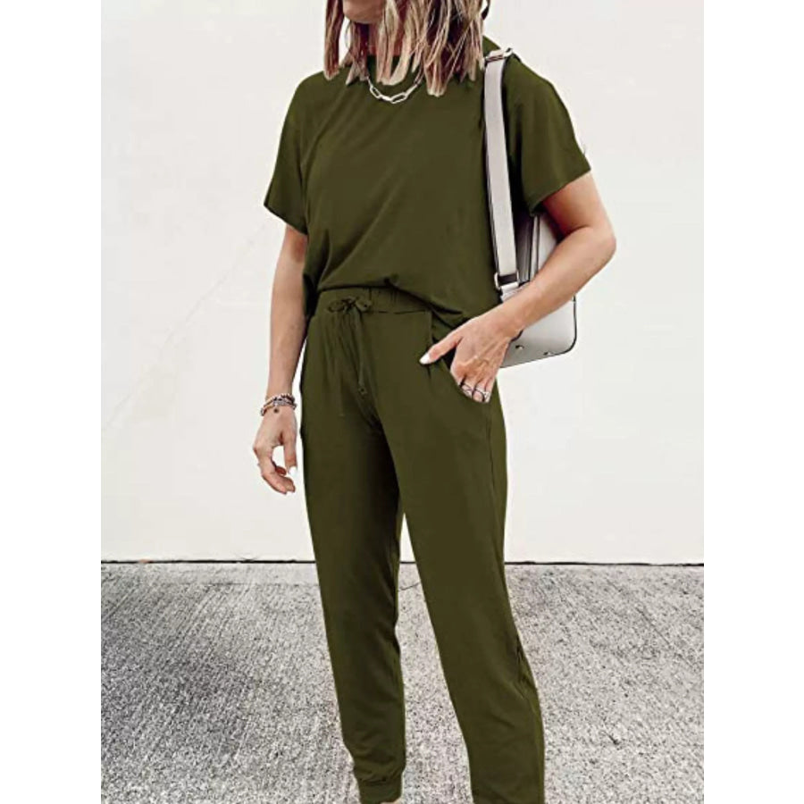 Full Size Round Neck Top and Drawstring Pants Set Plus Size Apparel and Accessories