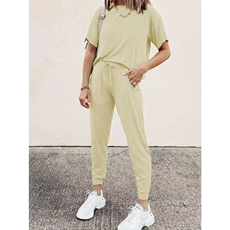 Full Size Round Neck Top and Drawstring Pants Set Plus Size Apricot / S Apparel and Accessories