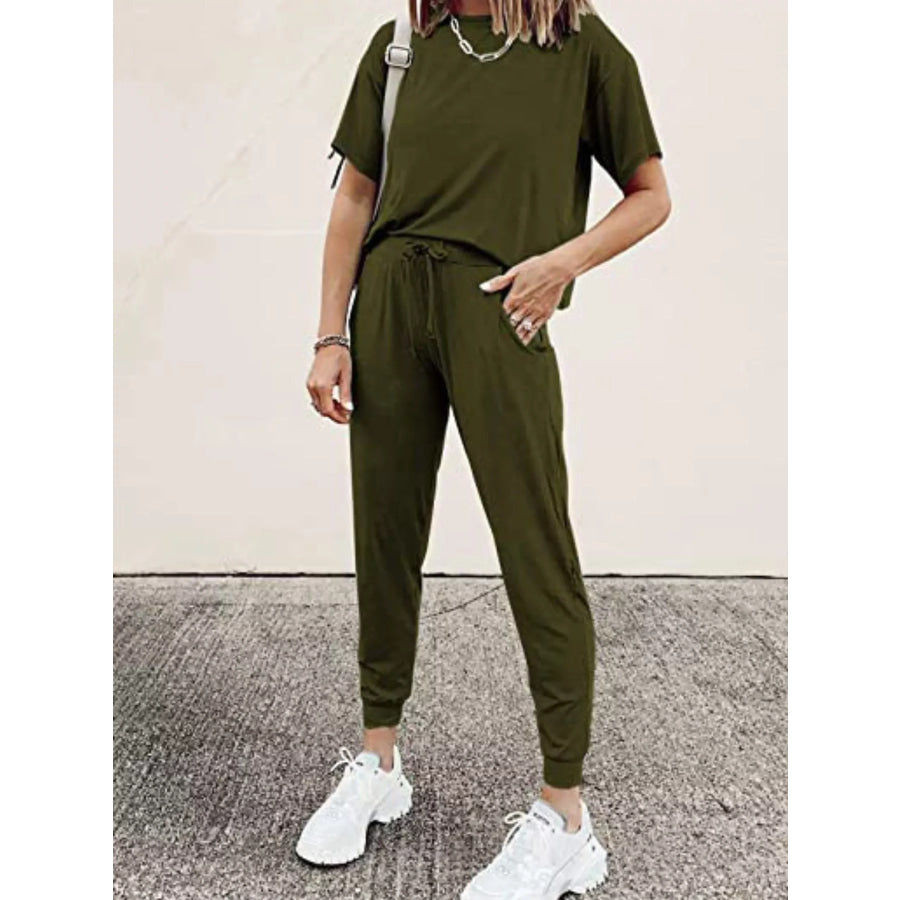 Full Size Round Neck Top and Drawstring Pants Set Plus Size Army Green / S Apparel and Accessories