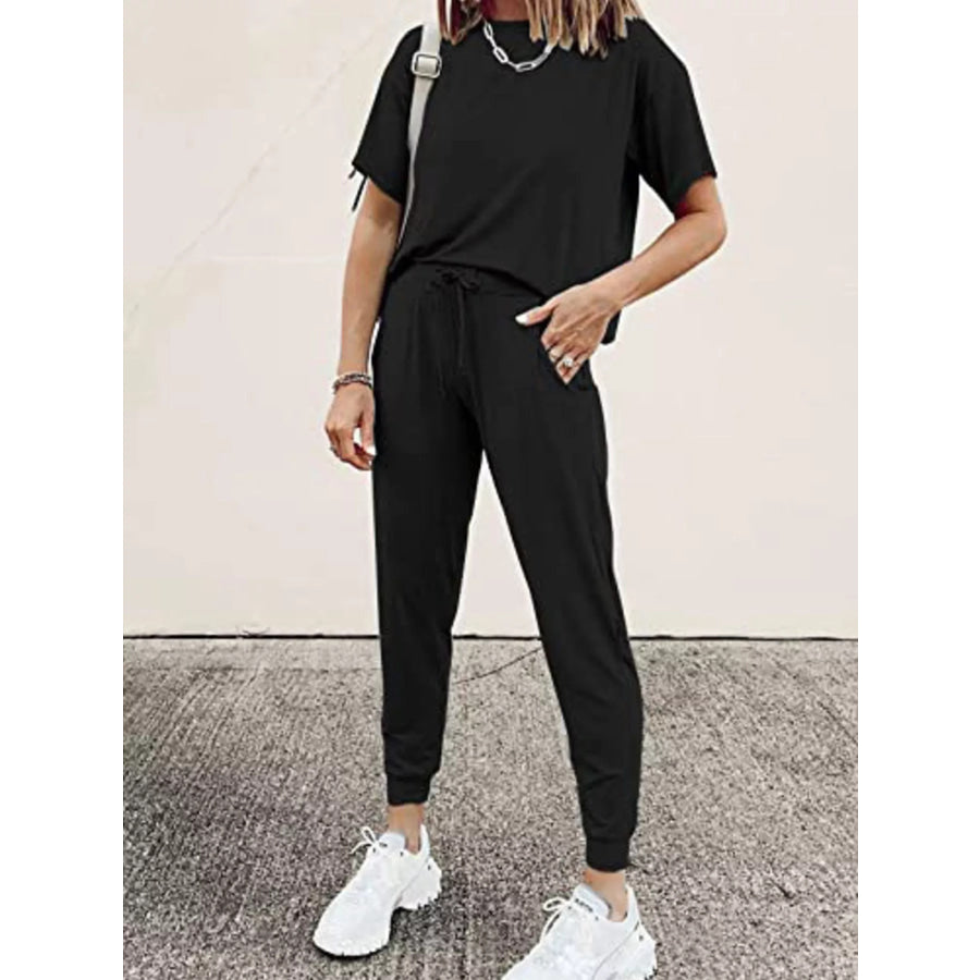Full Size Round Neck Top and Drawstring Pants Set Plus Size Black / S Apparel and Accessories