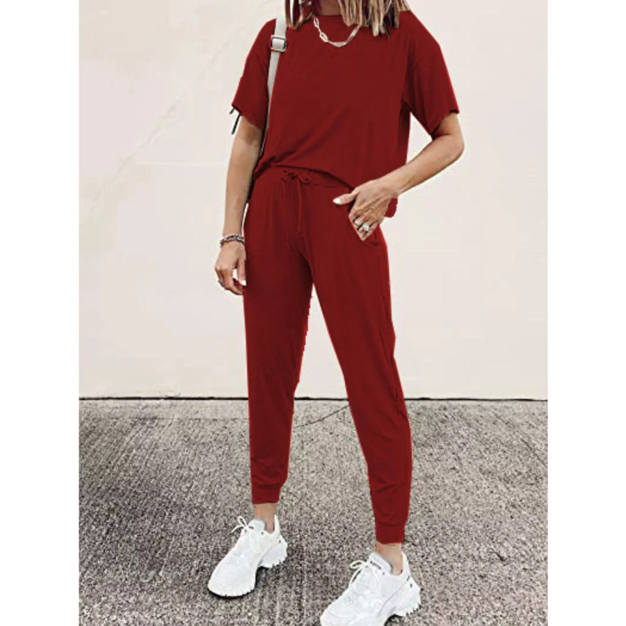 Full Size Round Neck Top and Drawstring Pants Set Plus Size Burgundy / S Apparel and Accessories