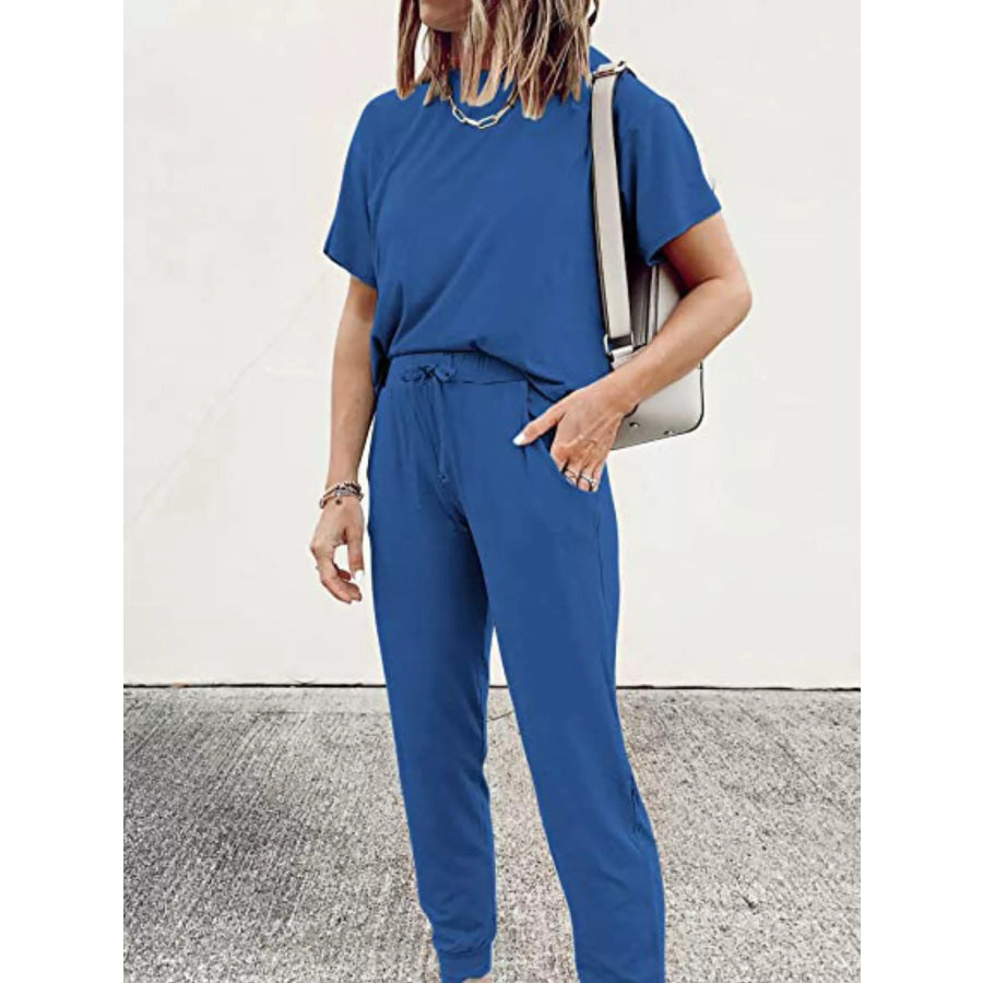 Full Size Round Neck Top and Drawstring Pants Set Plus Size Color Blue / S Apparel and Accessories