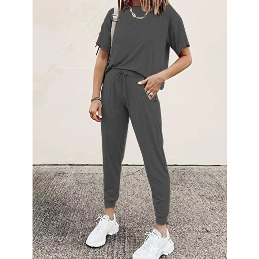 Full Size Round Neck Top and Drawstring Pants Set Plus Size Dark Gray / S Apparel and Accessories