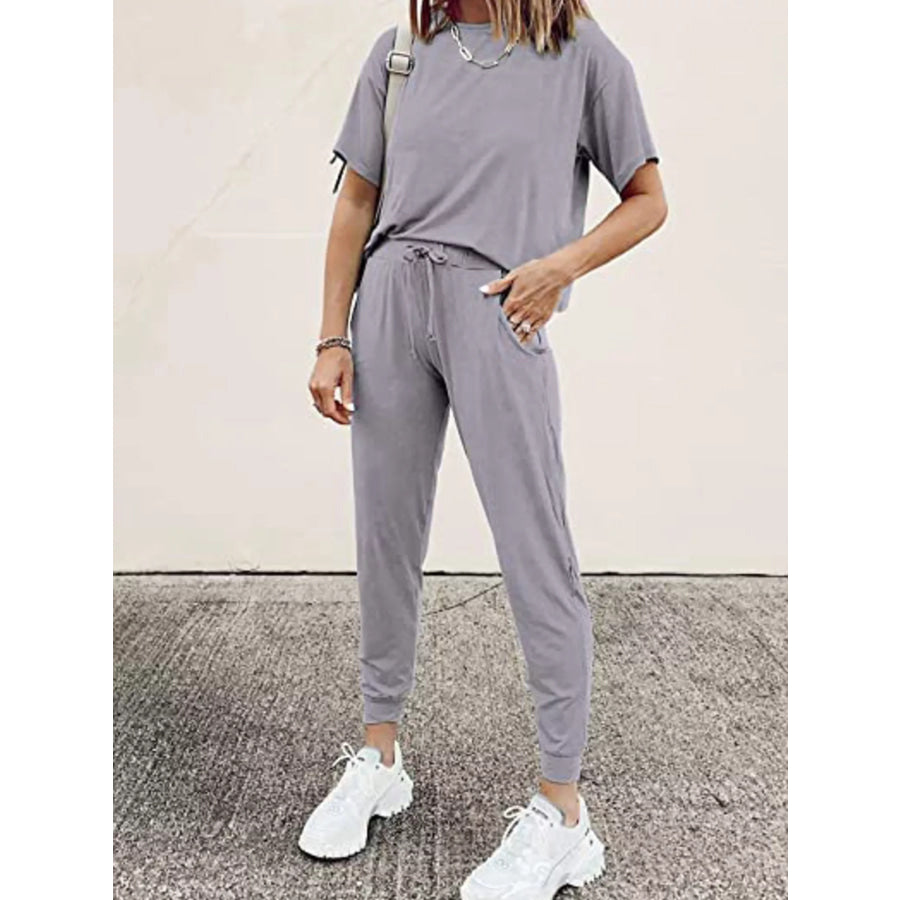 Full Size Round Neck Top and Drawstring Pants Set Plus Size Grey / S Apparel and Accessories