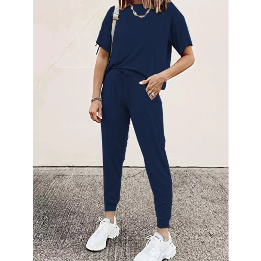 Full Size Round Neck Top and Drawstring Pants Set Plus Size Navy Blue / S Apparel and Accessories