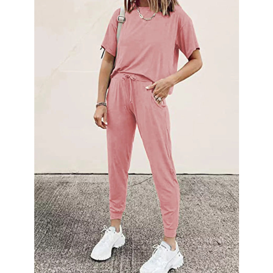 Full Size Round Neck Top and Drawstring Pants Set Plus Size Pink / S Apparel and Accessories