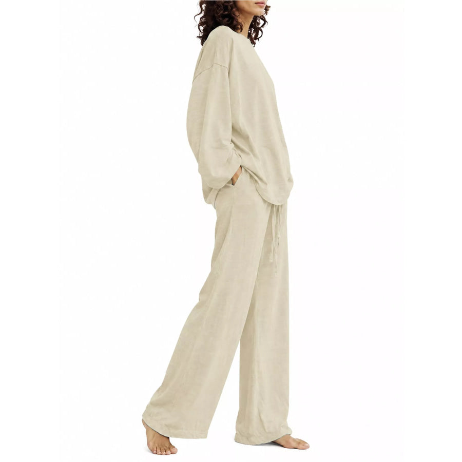 Full Size Round Neck Top and Drawstring Wide-Leg Pants Set Plus Apparel Accessories