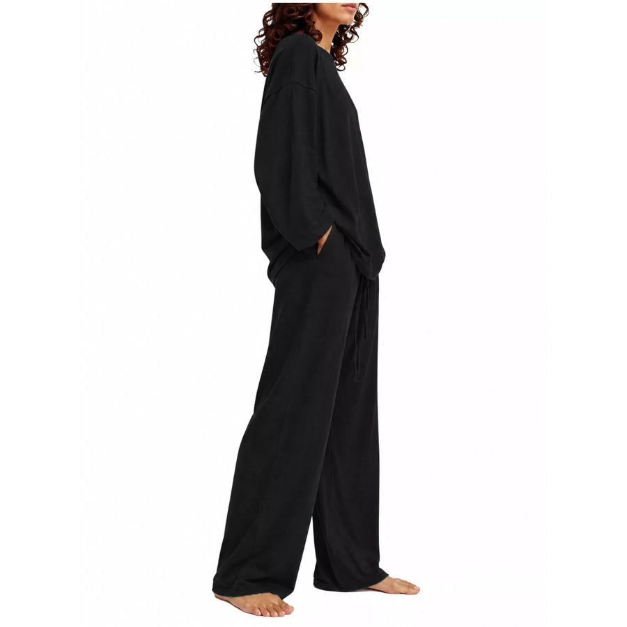 Full Size Round Neck Top and Drawstring Wide-Leg Pants Set Plus Apparel Accessories