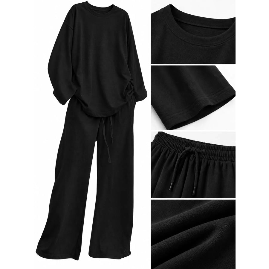 Full Size Round Neck Top and Drawstring Wide-Leg Pants Set Plus Apparel Accessories