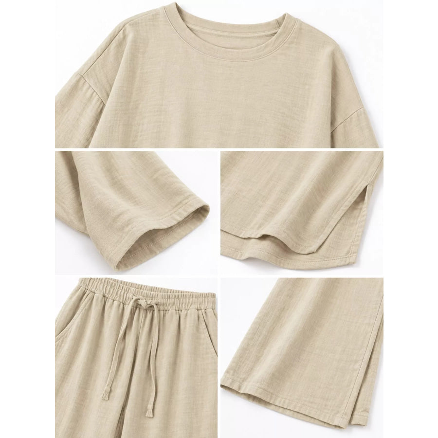 Full Size Round Neck Top and Drawstring Wide-Leg Pants Set Plus Apparel Accessories