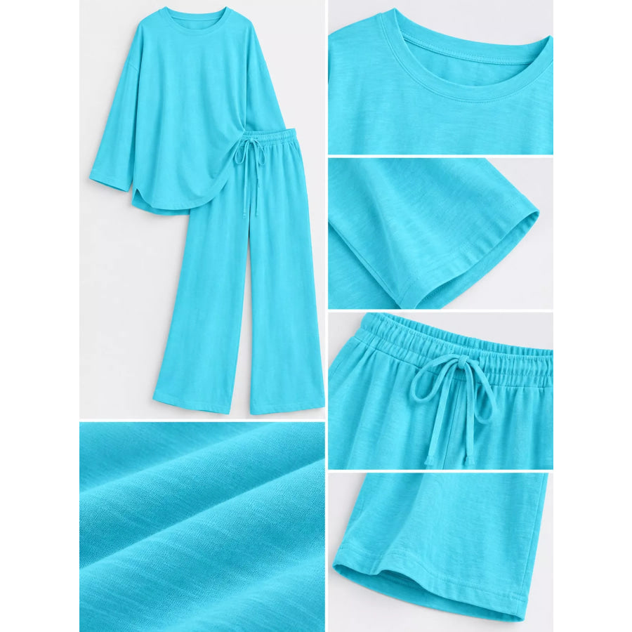 Full Size Round Neck Top and Drawstring Wide-Leg Pants Set Plus Apparel Accessories