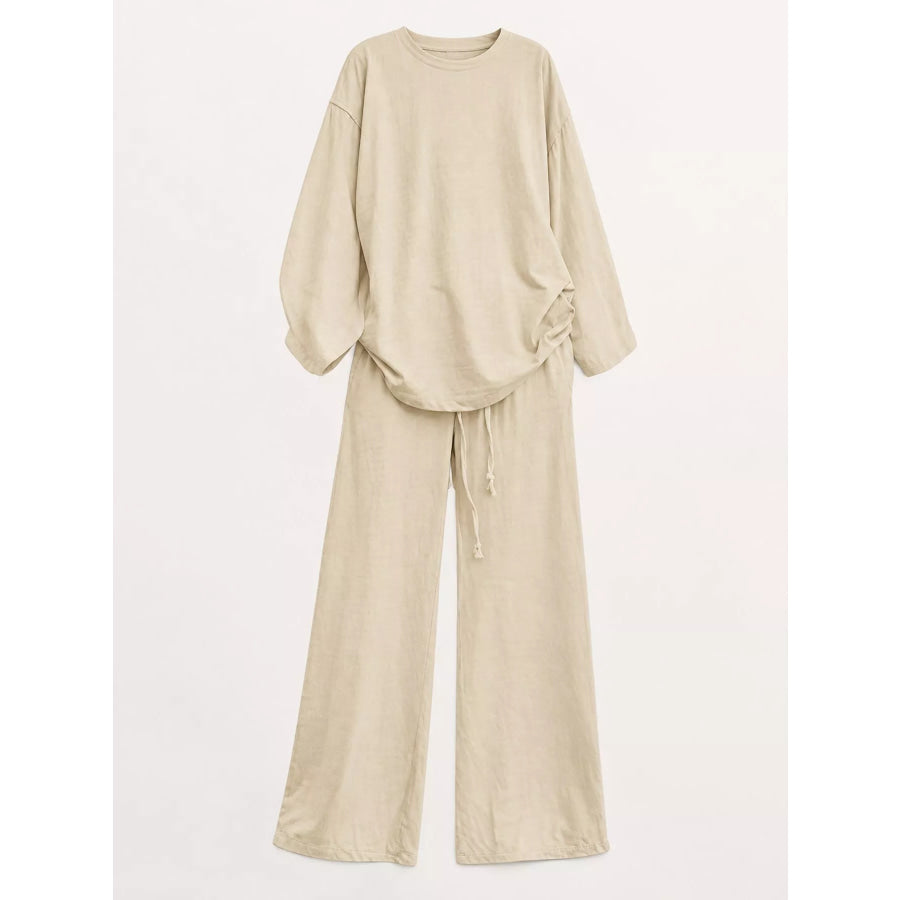 Full Size Round Neck Top and Drawstring Wide-Leg Pants Set Plus Apparel Accessories