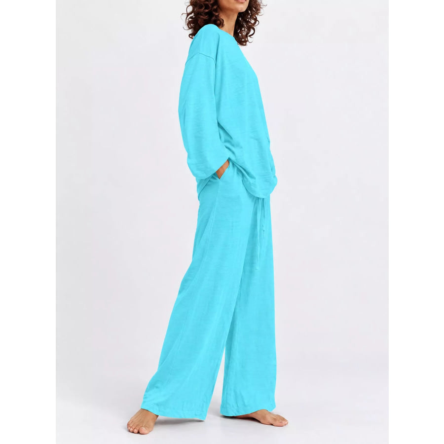 Full Size Round Neck Top and Drawstring Wide-Leg Pants Set Plus Apparel Accessories