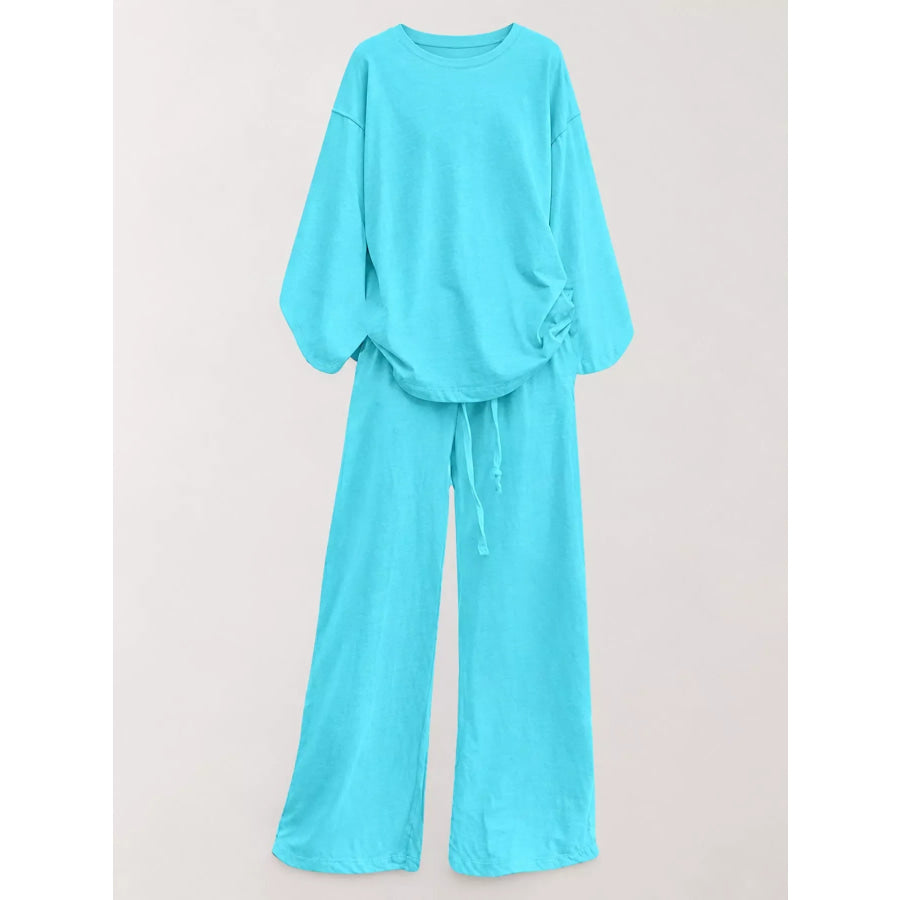 Full Size Round Neck Top and Drawstring Wide-Leg Pants Set Plus Apparel Accessories