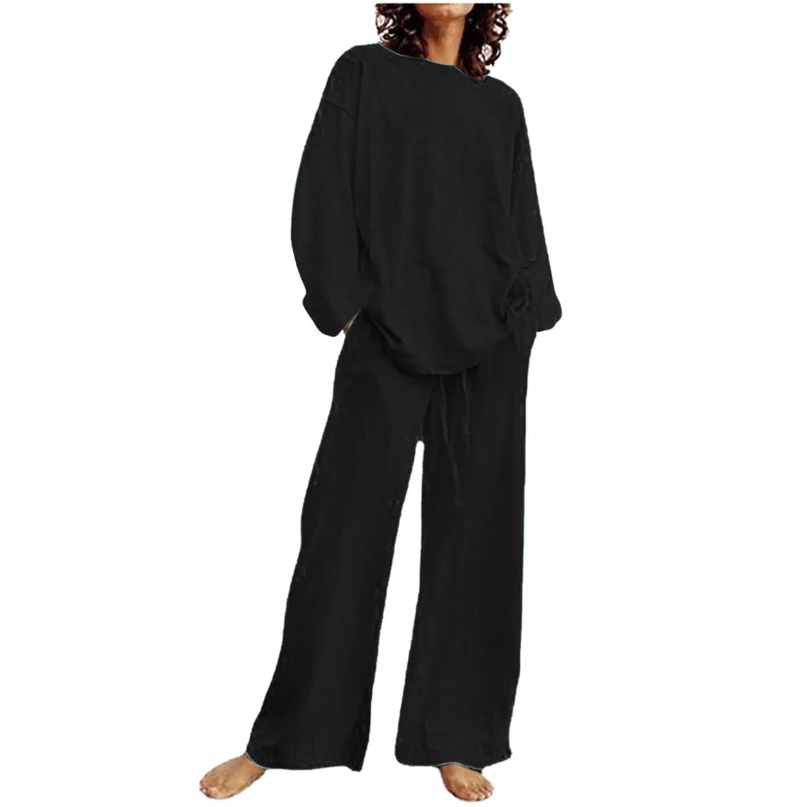 Full Size Round Neck Top and Drawstring Wide-Leg Pants Set Plus Black / S Apparel Accessories