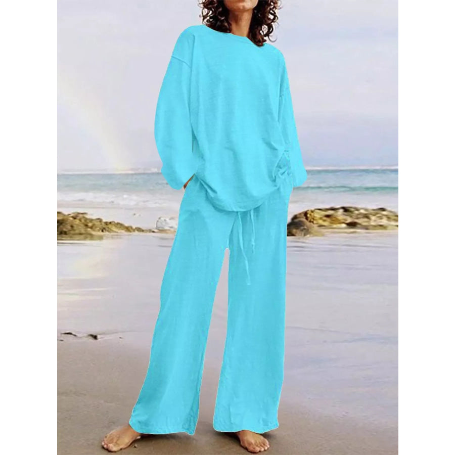 Full Size Round Neck Top and Drawstring Wide-Leg Pants Set Plus Lake Blue / S Apparel Accessories