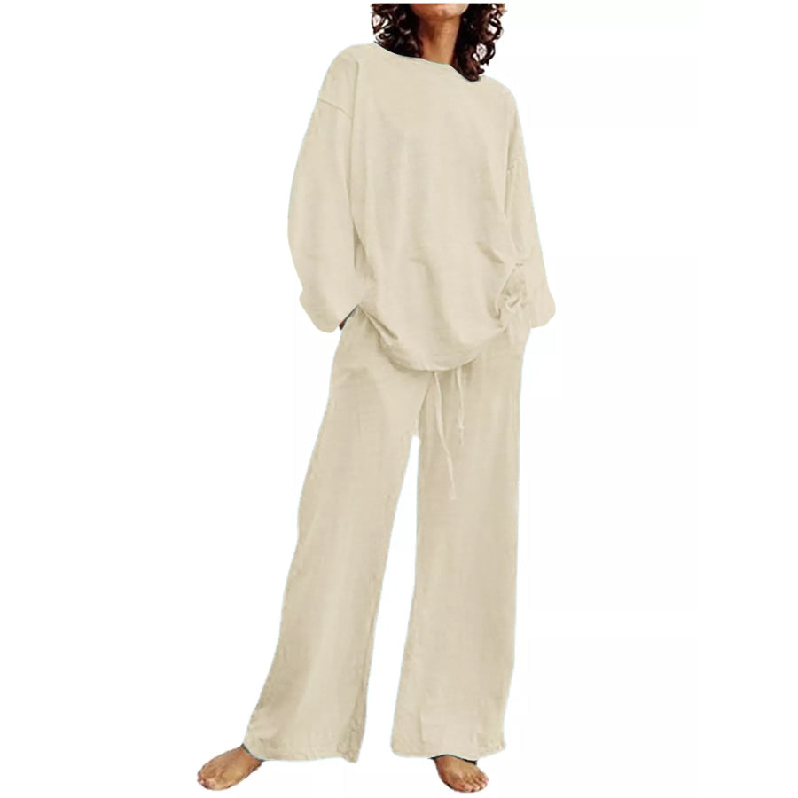 Full Size Round Neck Top and Drawstring Wide-Leg Pants Set Plus Light Brown / S Apparel Accessories