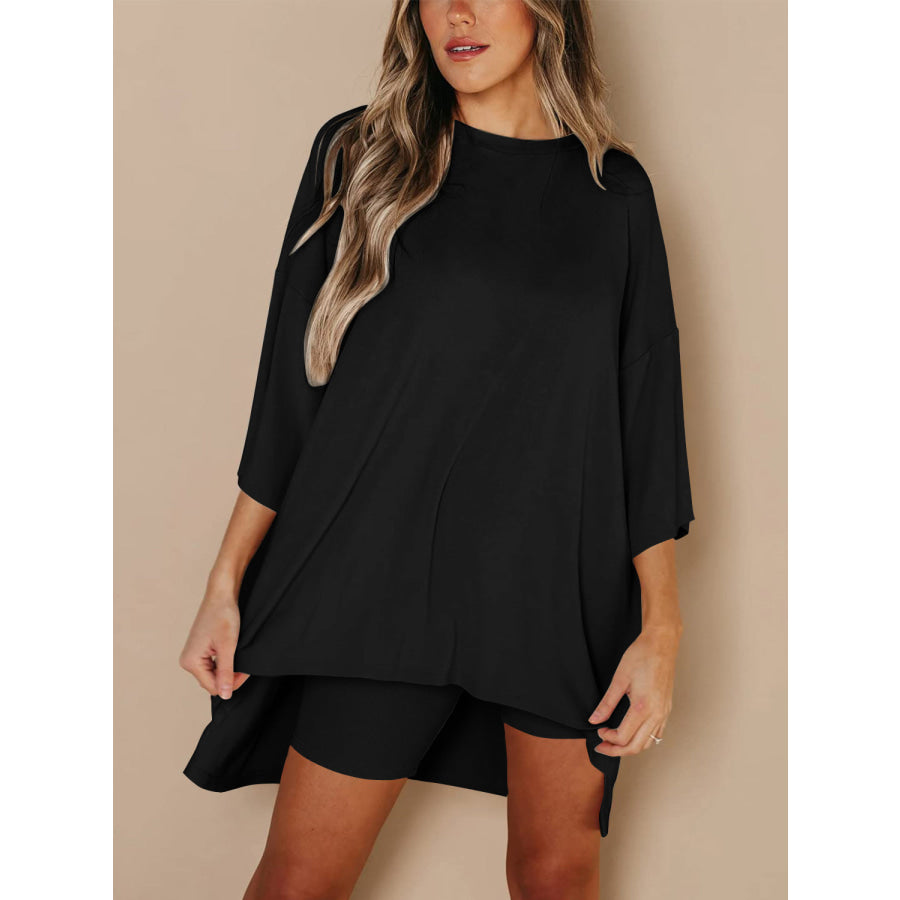 Full Size Round Neck Top and Skinny Shorts Set Black / S Apparel and Accessories