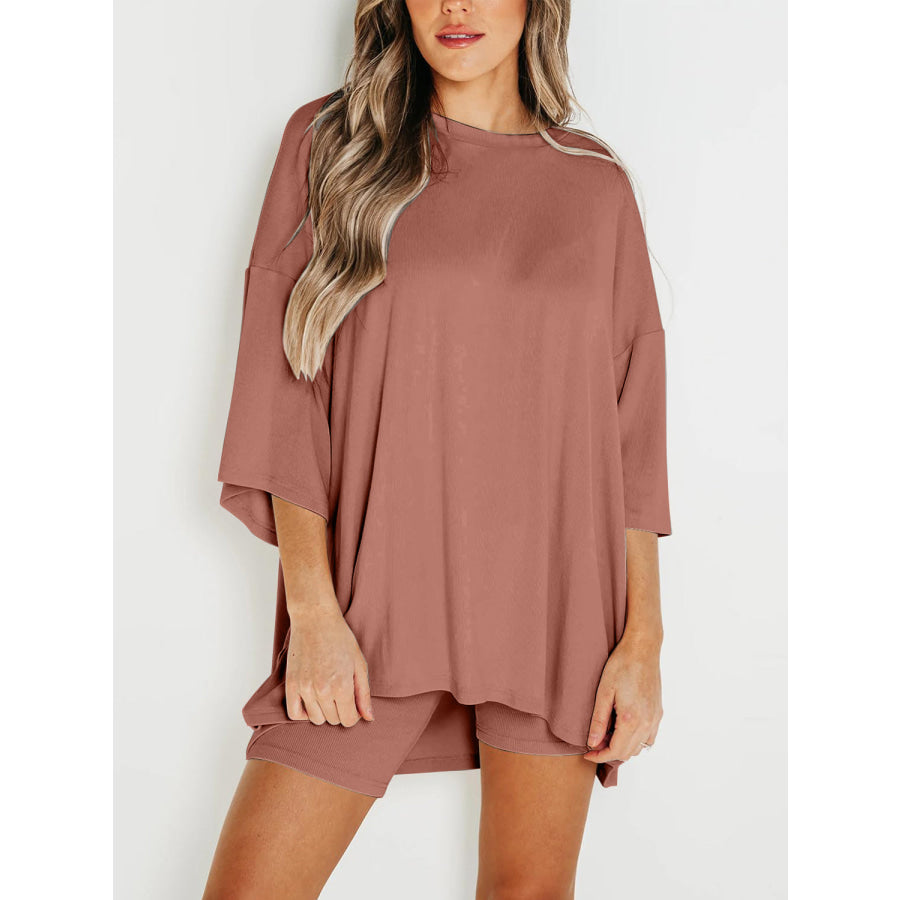 Full Size Round Neck Top and Skinny Shorts Set Apparel and Accessories